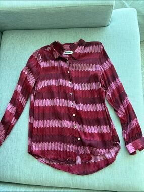fabindia Pink and Burgundy Striped Button-Down Shirt